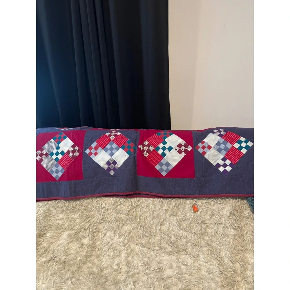 Handmade Vintage Patchwork Quilt Navy Red Purple Plaid Geometric Diamond 68x46